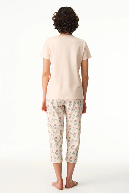 Renkli Tulips Pamuklu Kapri Pijama Takımı