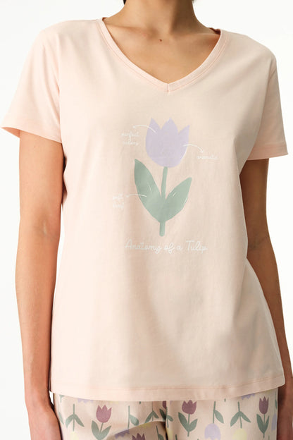 Renkli Tulips Pamuklu Kapri Pijama Takımı