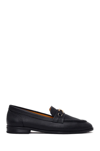Kadın Siyah Tokalı Maskülen Deri Loafer