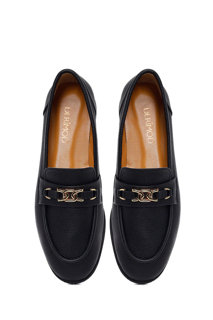Kadın Siyah Tokalı Maskülen Deri Loafer