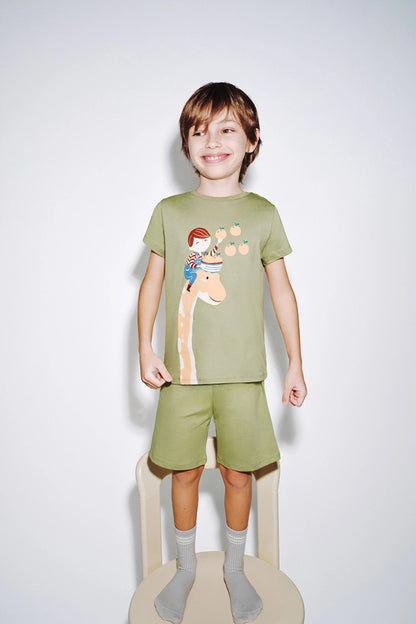 Haki Erkek Çocuk Dino In The Field Pamuklu 2'li Pijama Takımı