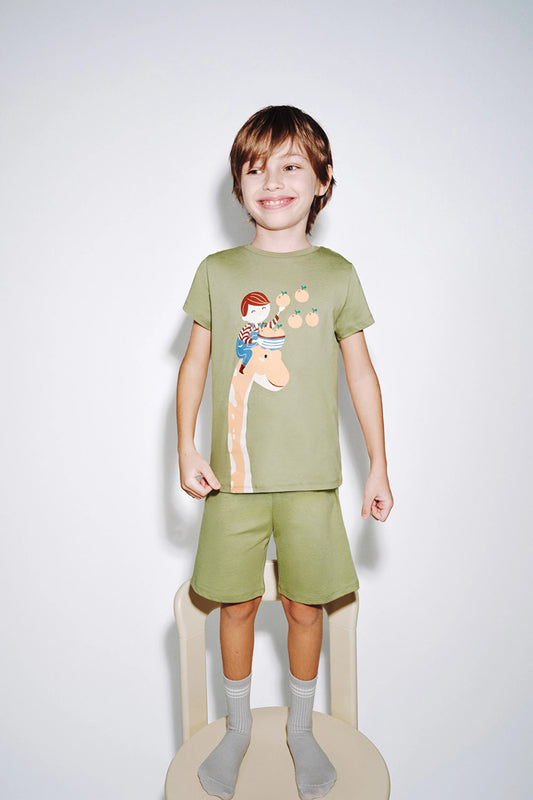 Haki Erkek Çocuk Dino In The Field Pamuklu 2'li Pijama Takımı