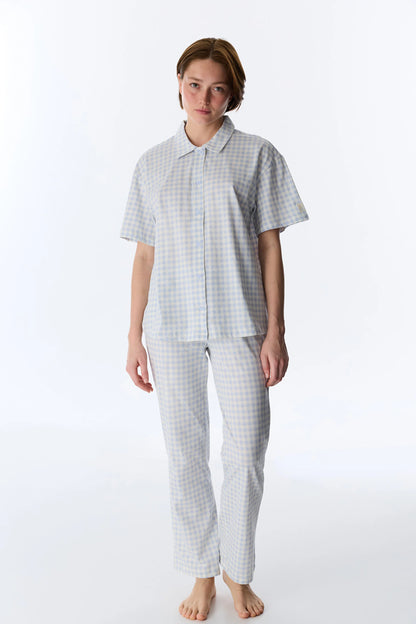 Mavi Cozy Club Gingham Pamuklu Gömlek Pantolon Pijama Takımı