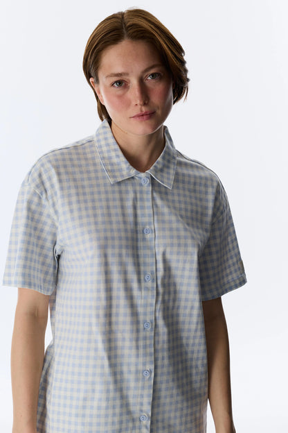 Mavi Cozy Club Gingham Pamuklu Gömlek Pantolon Pijama Takımı