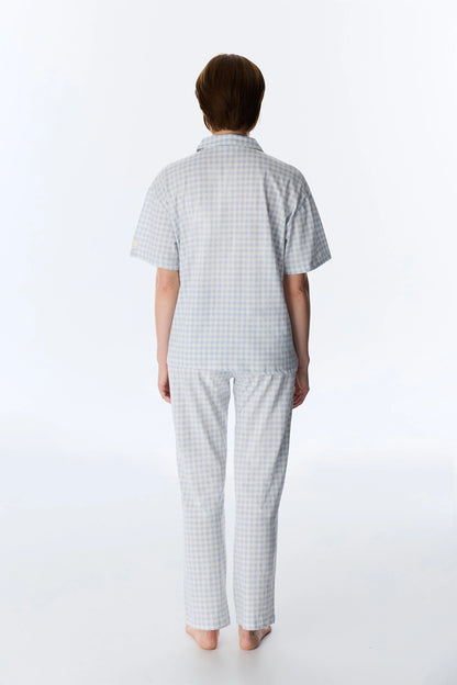 Mavi Cozy Club Gingham Pamuklu Gömlek Pantolon Pijama Takımı
