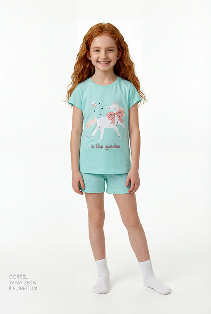 Mint Yeşili Kız Çocuk In The Garden Pamuklu 2'li Pijama Takımı