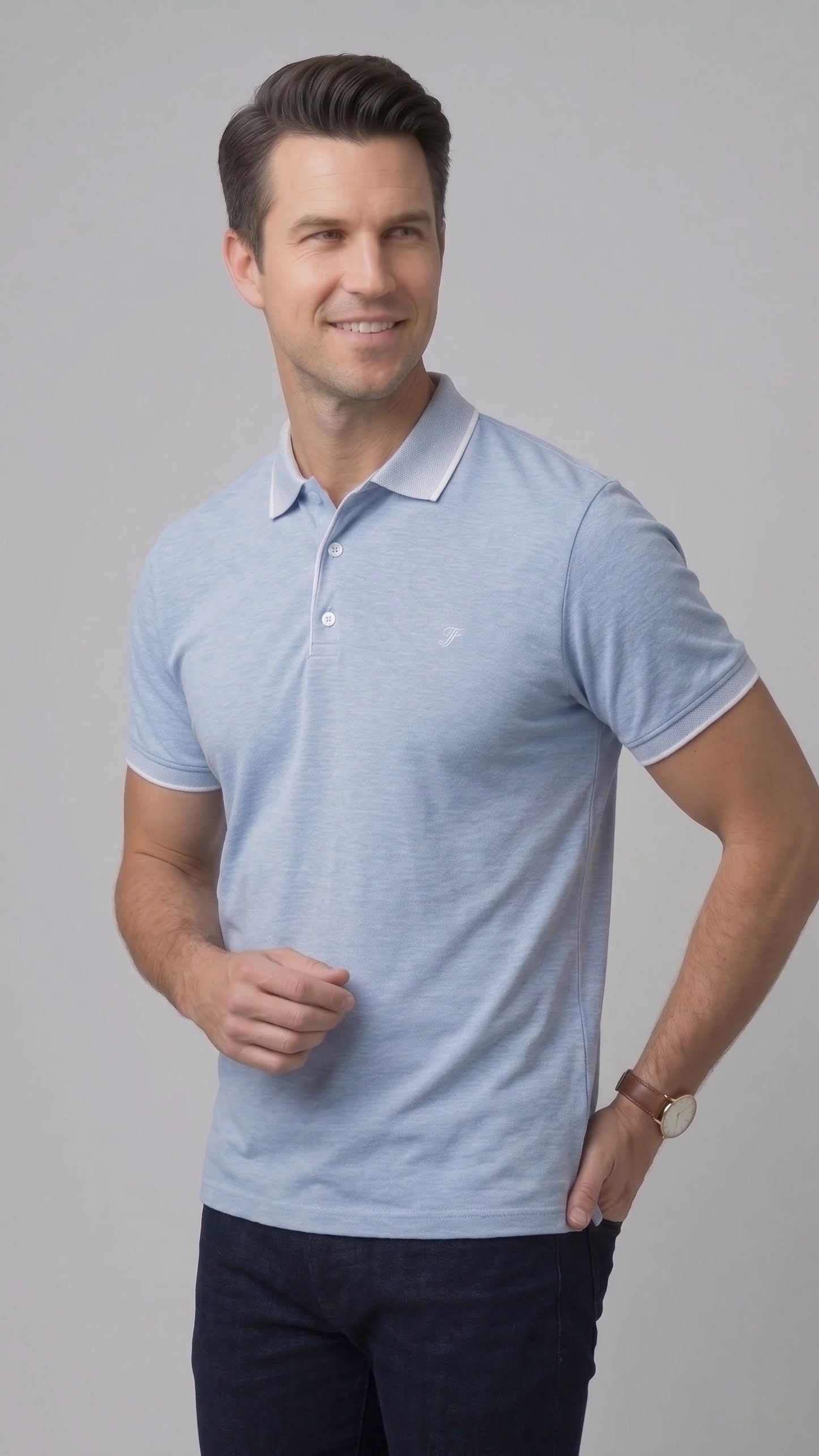 Comfort Fit Rahat Kalıp %100 Pamuk Kıvrılmaz Yaka Mavi Polo Yaka Tişört Ts 931