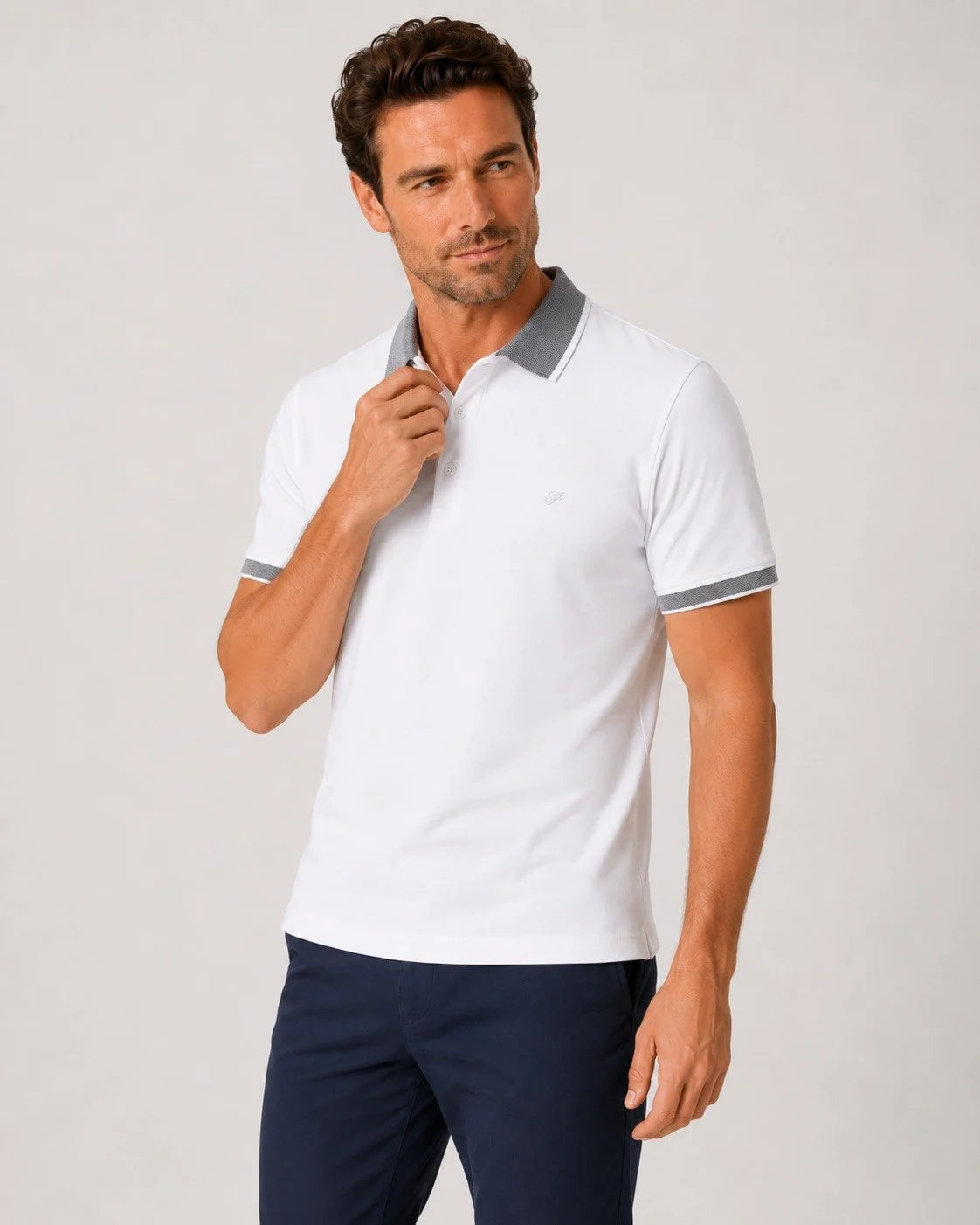Comfort Fit Rahat Kalıp %100 Pamuk Kıvrılmaz Yaka Beyaz Polo Yaka Tişört Ts 931
