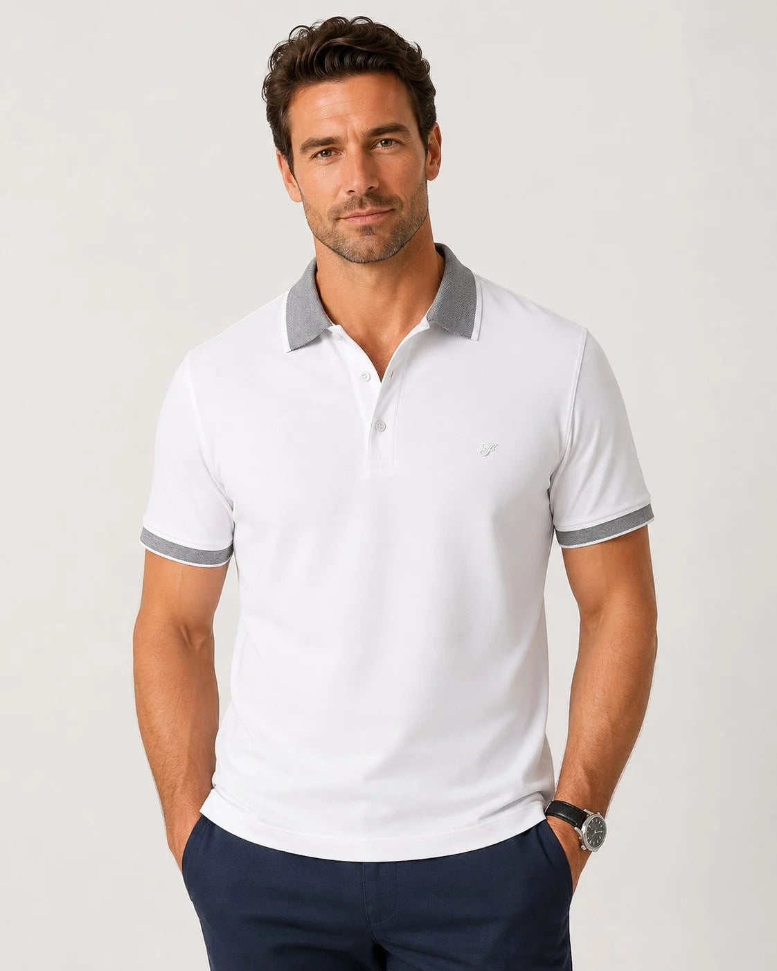 Comfort Fit Rahat Kalıp %100 Pamuk Kıvrılmaz Yaka Beyaz Polo Yaka Tişört Ts 931