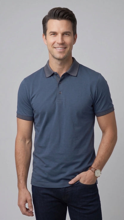 Comfort Fit Rahat Kalıp %100 Pamuk Kıvrılmaz Yaka Indigo Lacivert Polo Yaka Tişört Ts 931