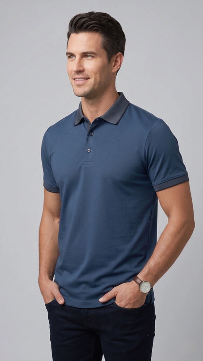 Comfort Fit Rahat Kalıp %100 Pamuk Kıvrılmaz Yaka Indigo Lacivert Polo Yaka Tişört Ts 931