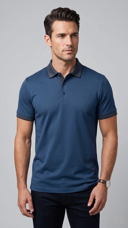 Comfort Fit Rahat Kalıp %100 Pamuk Kıvrılmaz Yaka Indigo Lacivert Polo Yaka Tişört Ts 931