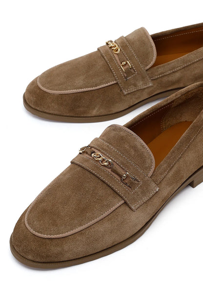 Kadın Vizon Tokalı Süet Deri Maskülen Loafer