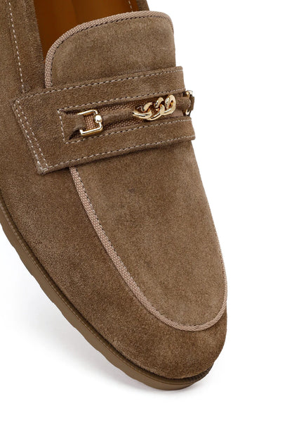 Kadın Vizon Tokalı Süet Deri Maskülen Loafer