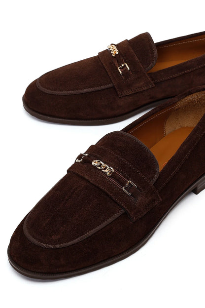 Kadın Kahverengi Tokalı Süet Deri Maskülen Loafer