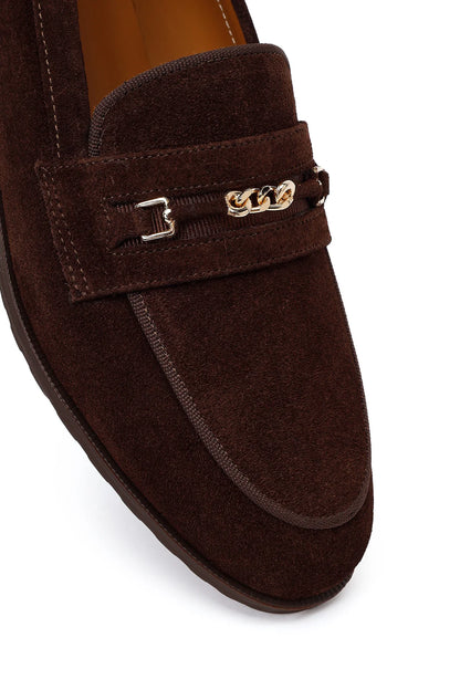 Kadın Kahverengi Tokalı Süet Deri Maskülen Loafer