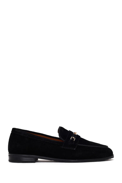 Kadın Siyah Tokalı Süet Deri Maskülen Loafer