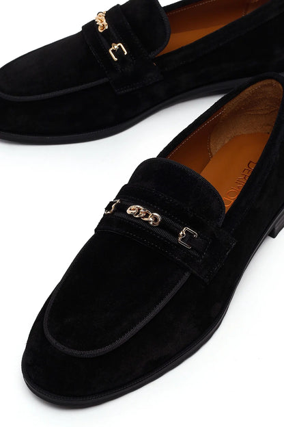 Kadın Siyah Tokalı Süet Deri Maskülen Loafer
