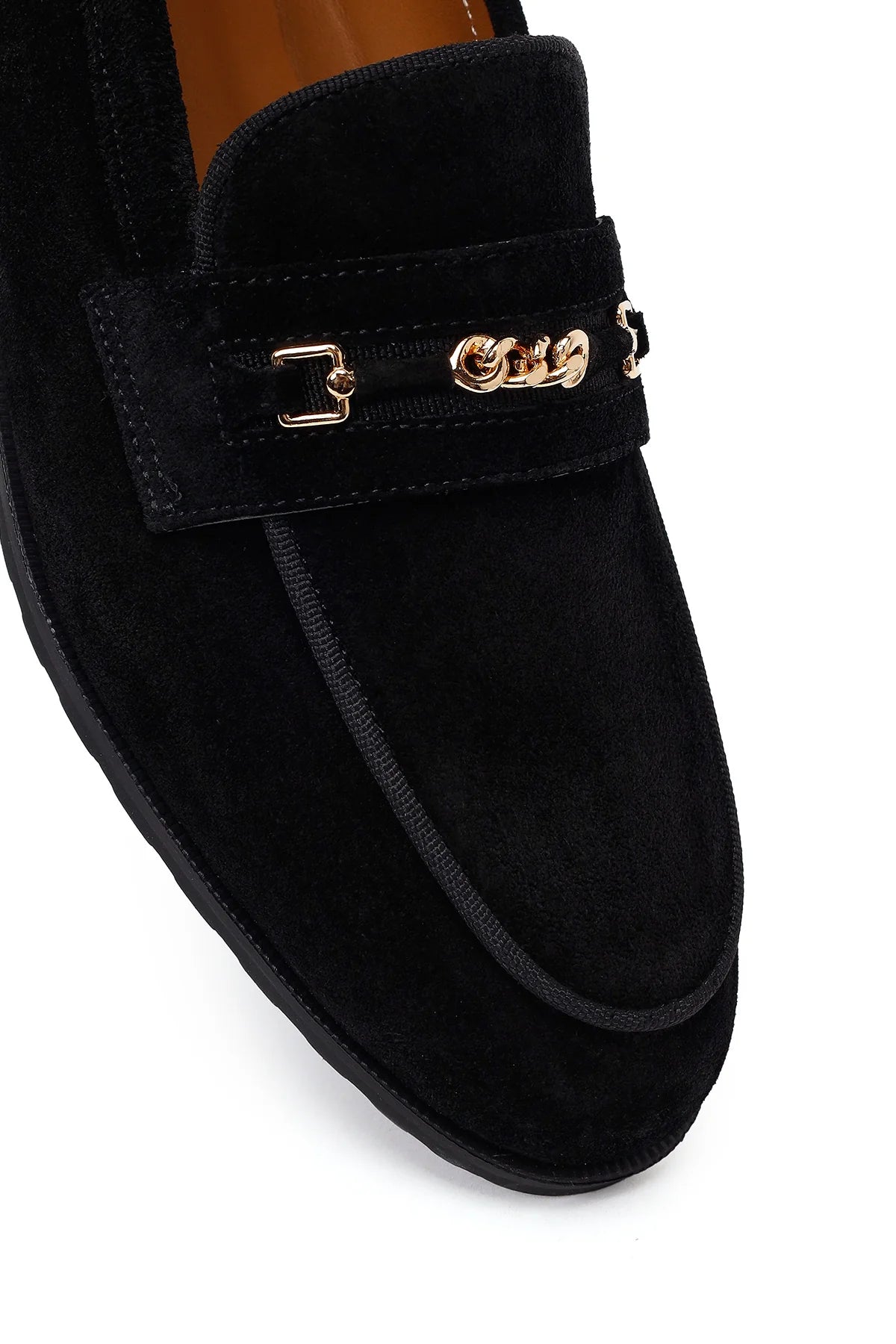 Kadın Siyah Tokalı Süet Deri Maskülen Loafer