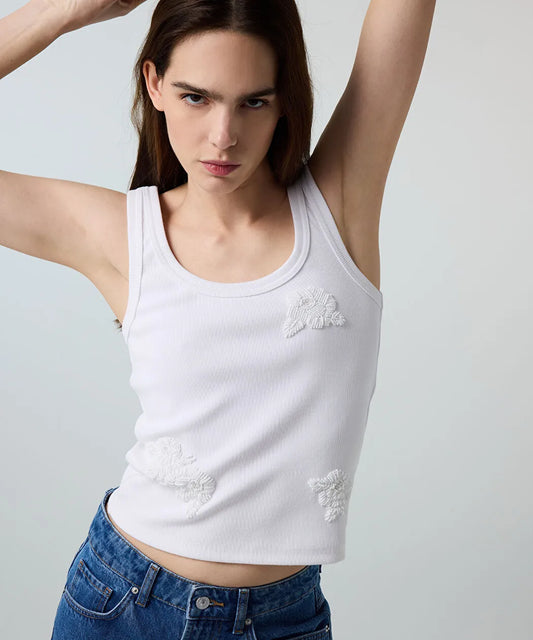 Beyaz Çiçek Boncuk Işlemeli Tişört Is1260070116002 | Ipekyol