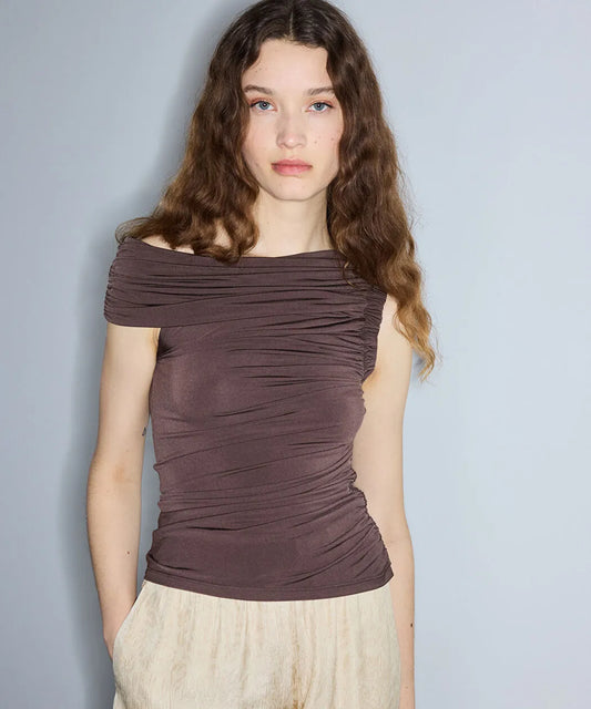 Kahverengi Büzgülü Asimetrik Tişört Is1260070151074 | Ipekyol