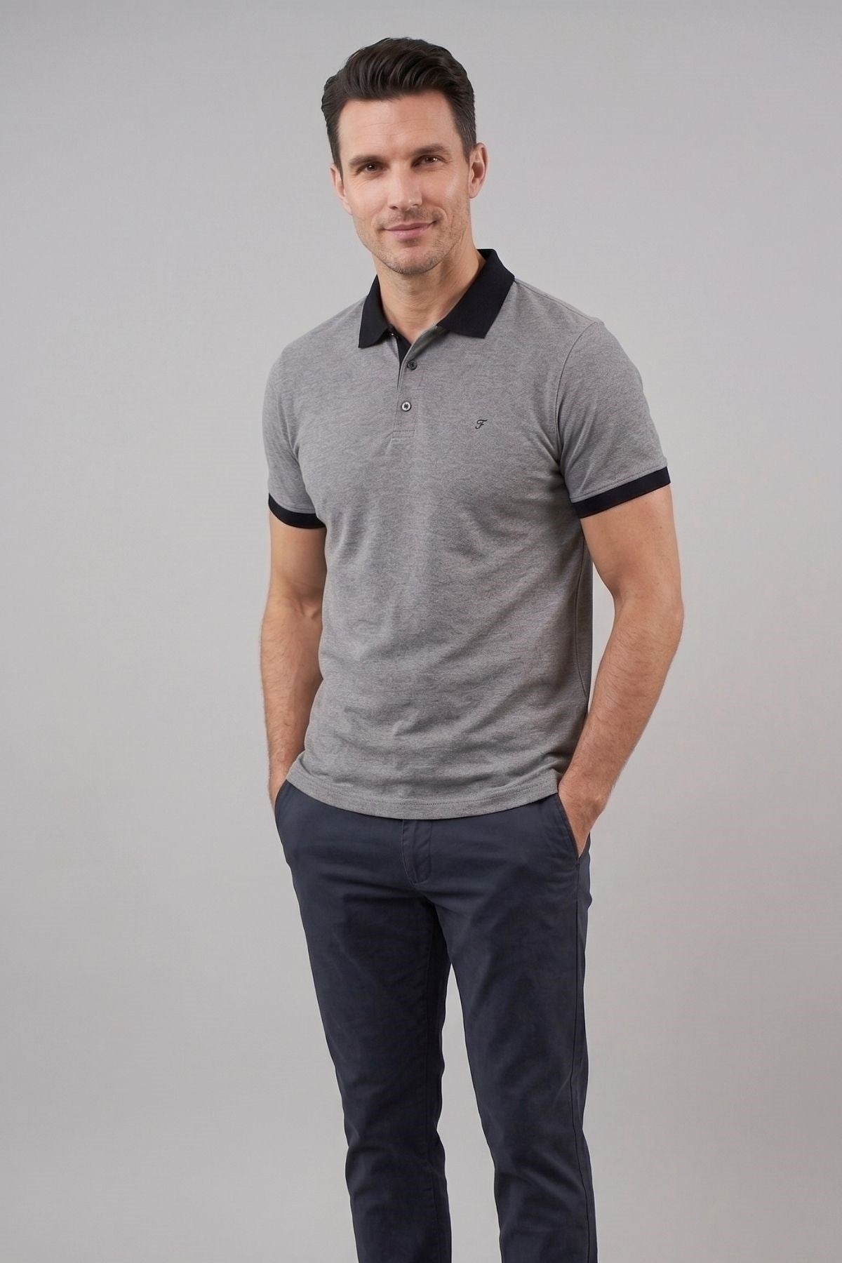 Comfort Fit Rahat Kalıp %100 Pamuk Kıvrılmaz Yaka Gri Siyah Polo Yaka Tişört Ts 931