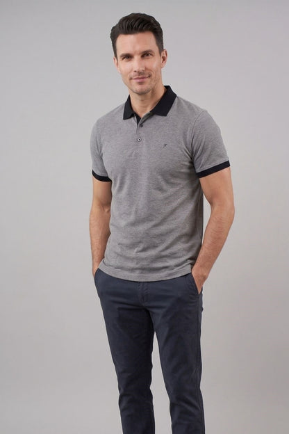 Comfort Fit Rahat Kalıp %100 Pamuk Kıvrılmaz Yaka Gri Siyah Polo Yaka Tişört Ts 931