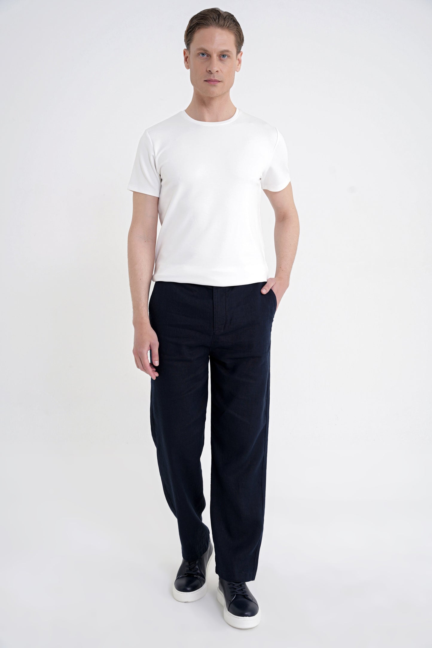 Oversize Kalıp Yan Cep Beli Lastikli Lacivert Keten Pantolon P 1216