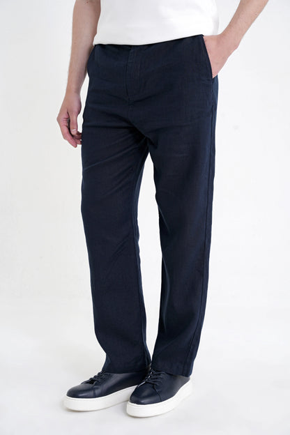 Oversize Kalıp Yan Cep Beli Lastikli Lacivert Keten Pantolon P 1216