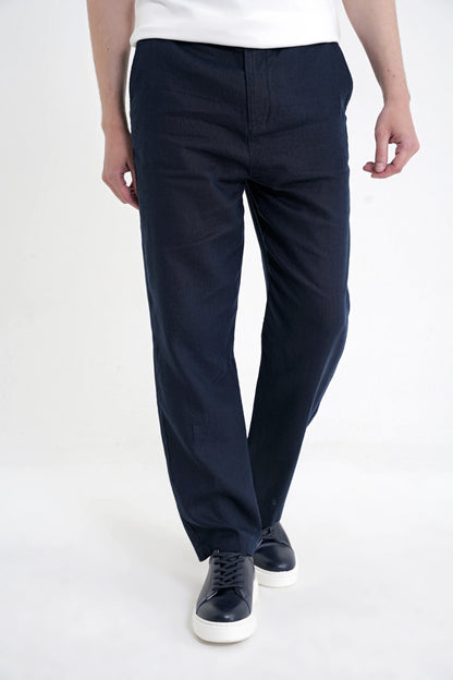 Oversize Kalıp Yan Cep Beli Lastikli Lacivert Keten Pantolon P 1216