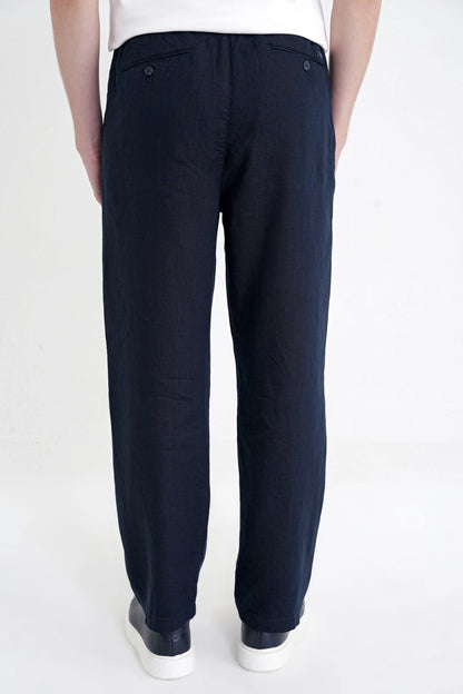 Oversize Kalıp Yan Cep Beli Lastikli Lacivert Keten Pantolon P 1216