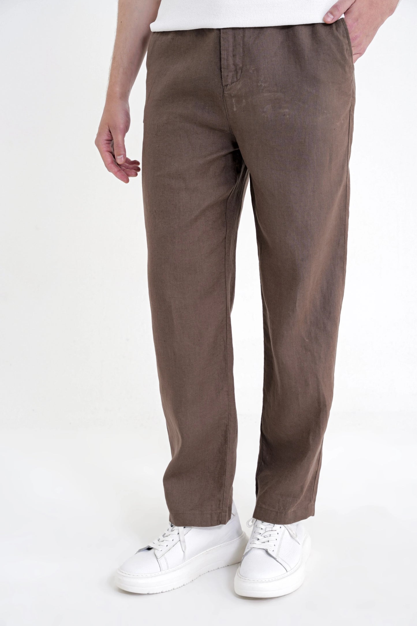 Oversize Kalıp Yan Cep Beli Lastikli Vizon Keten Pantolon P 1216