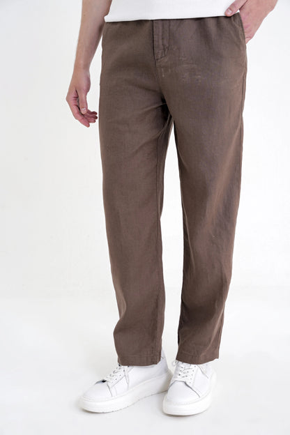 Oversize Kalıp Yan Cep Beli Lastikli Vizon Keten Pantolon P 1216