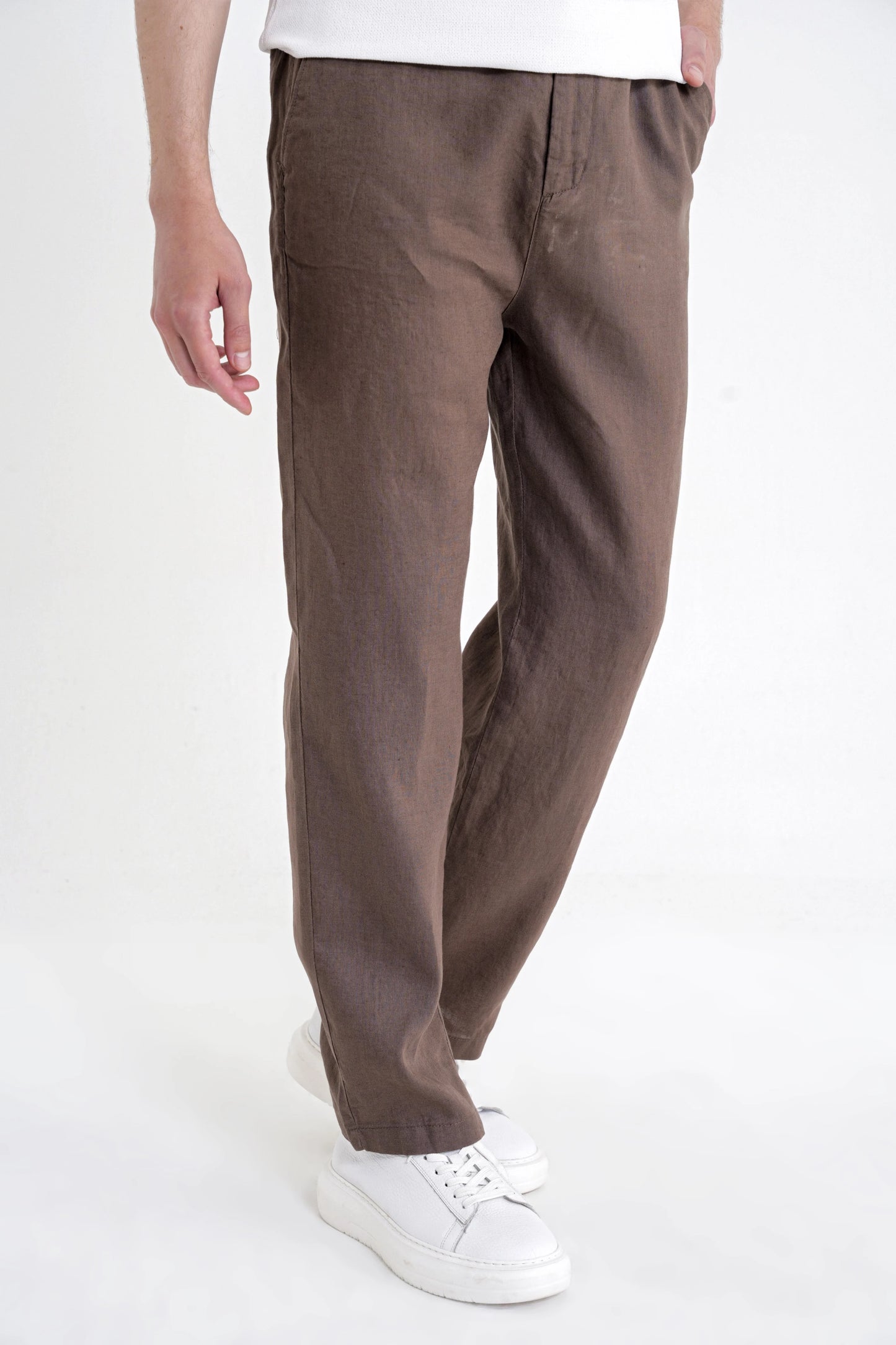 Oversize Kalıp Yan Cep Beli Lastikli Vizon Keten Pantolon P 1216