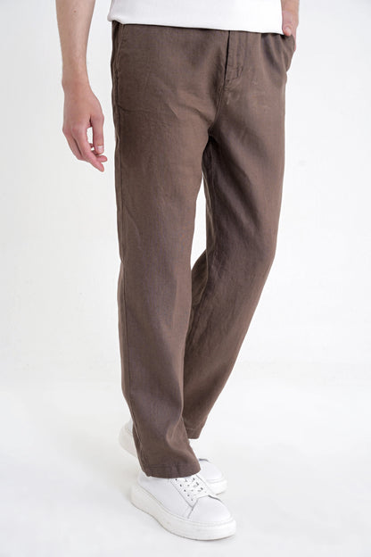 Oversize Kalıp Yan Cep Beli Lastikli Vizon Keten Pantolon P 1216