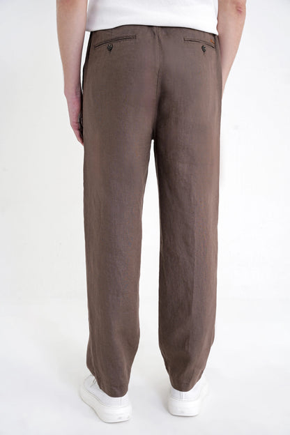 Oversize Kalıp Yan Cep Beli Lastikli Vizon Keten Pantolon P 1216
