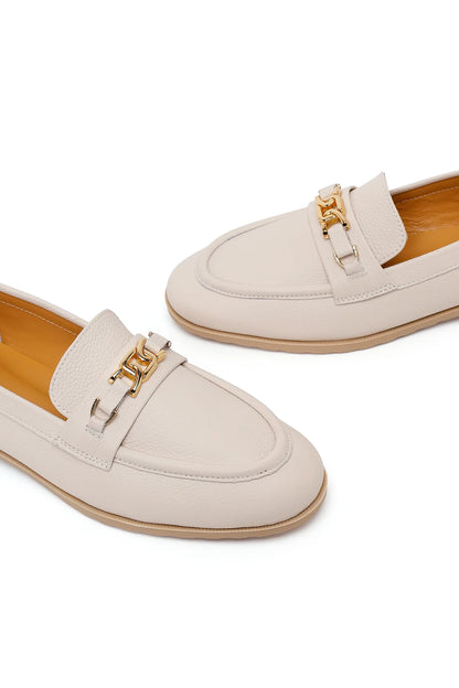 Kadın Krem Tokalı Maskülen Deri Loafer