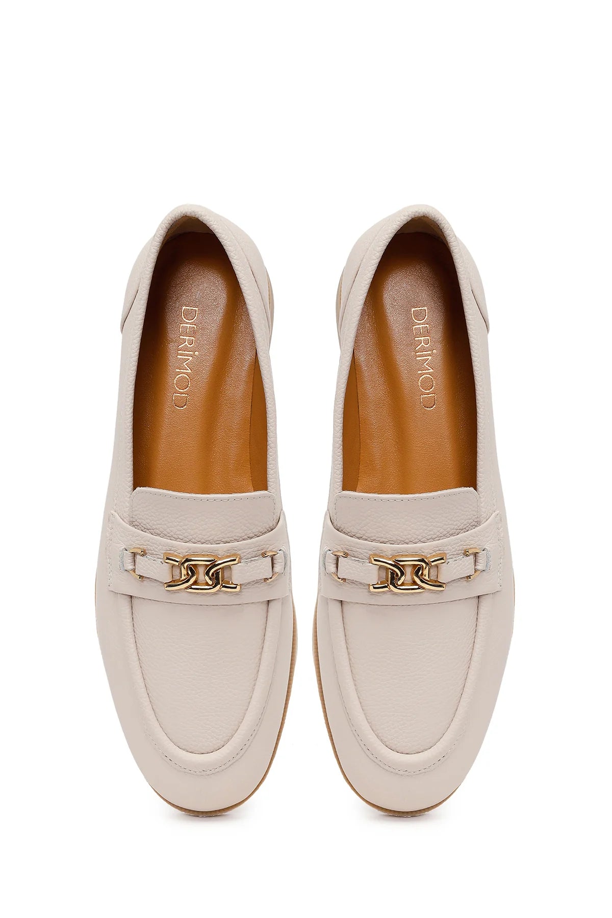 Kadın Krem Tokalı Maskülen Deri Loafer