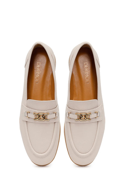 Kadın Krem Tokalı Maskülen Deri Loafer