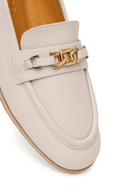 Kadın Krem Tokalı Maskülen Deri Loafer