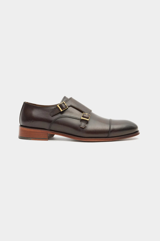 Damat Kahverengi Hakiki Deri Çift Tokalı Monk Strap Ayakkabı