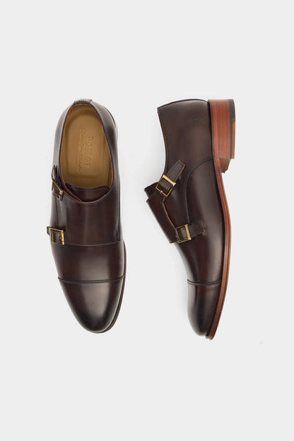 Damat Kahverengi Hakiki Deri Çift Tokalı Monk Strap Ayakkabı