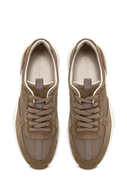Erkek Kahverengi Bağcıklı Kalın Tabanlı Deri Sneaker