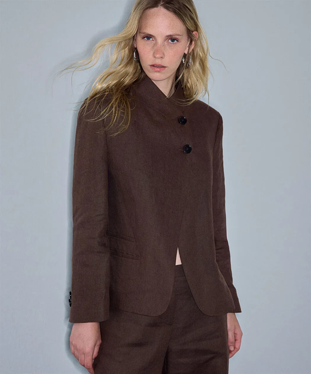 Kahverengi Yüksek Yaka Keten Blazer Is1260106075074 | Ipekyol