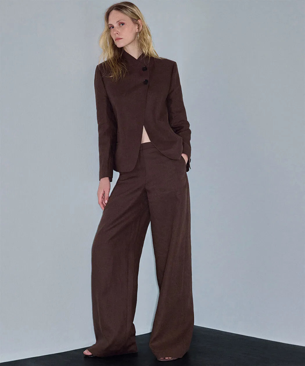 Kahverengi Yüksek Yaka Keten Blazer Is1260106075074 | Ipekyol