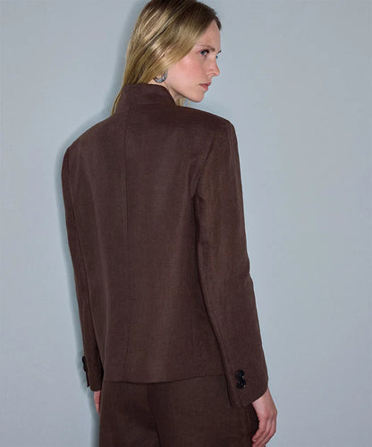 Kahverengi Yüksek Yaka Keten Blazer Is1260106075074 | Ipekyol