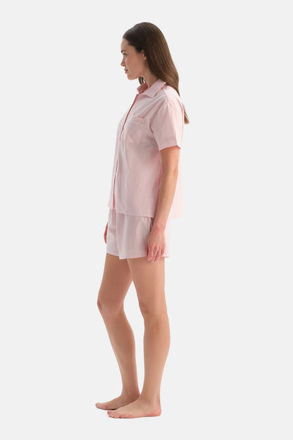Açık Pembe Çizgili Dokuma Gömlek Şort Takım