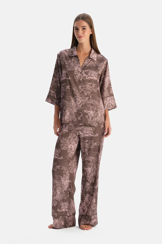 Multicolor Truvakar Kollu Dokuma Gömlek Pijama Takımı