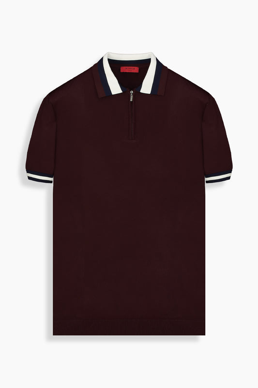 Polo Yaka Fermuarlı Bordo Triko Tişört