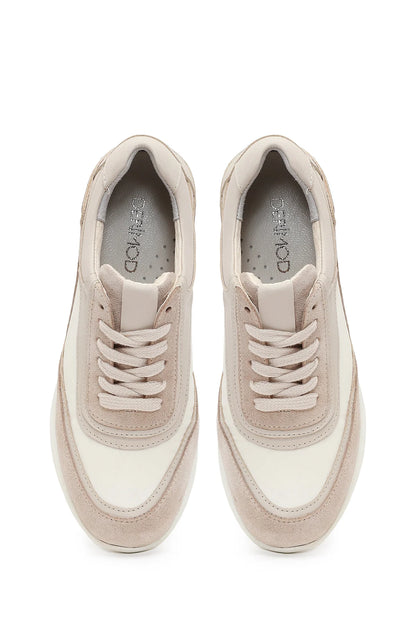 Kadın Bej Bağcıklı Dolgu Topuklu Süet Deri Sneaker